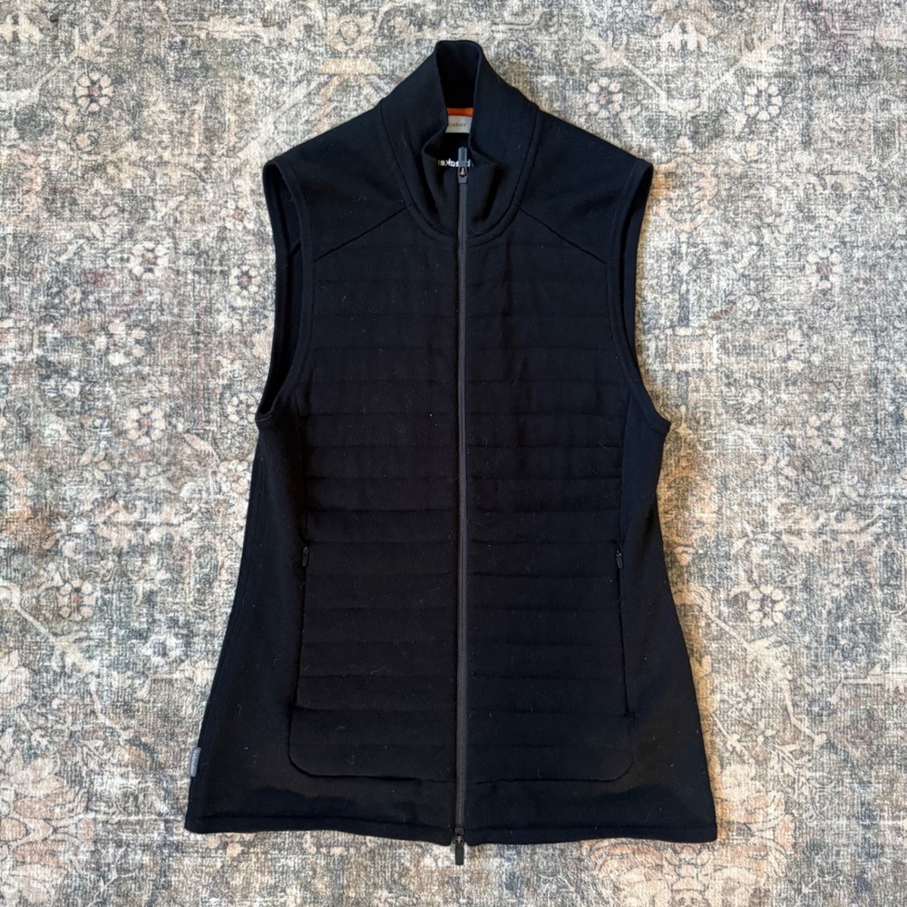 Icebreaker Women ZoneKnit Black Merino Wool Quilted Full Zip Vest Small